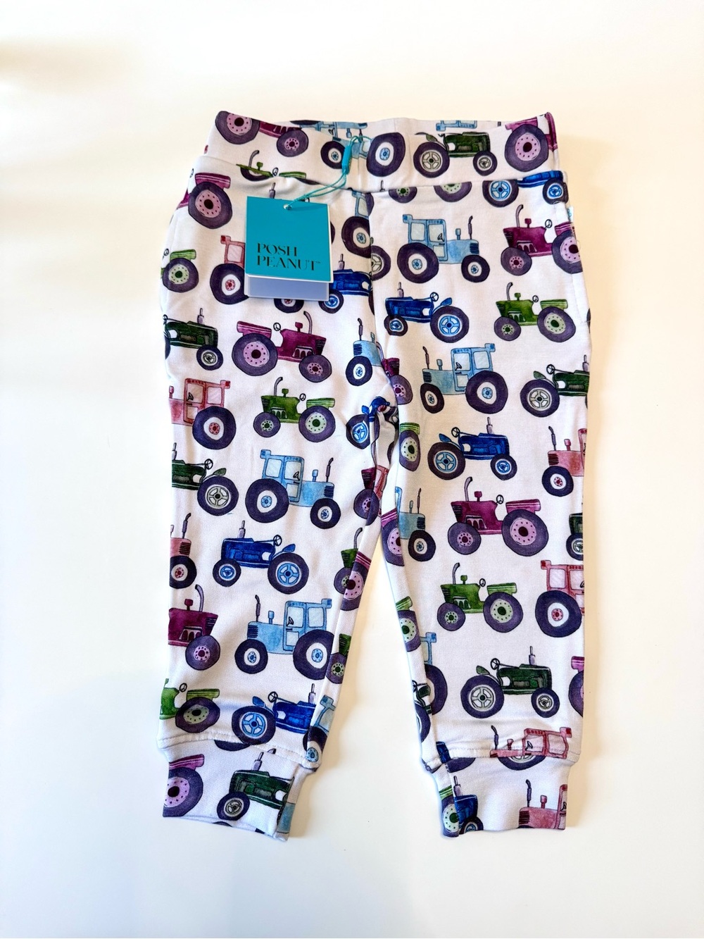 Posh Peanut Baby Pants with Colorful Tractor Print, French Terry Joggers